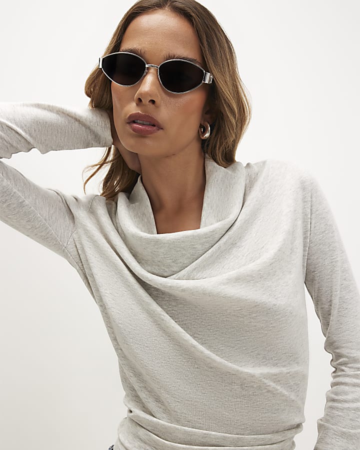 Grey Long Sleeve Cowl Neck Top