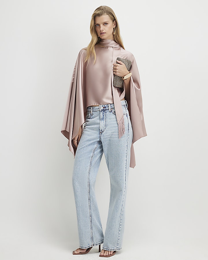 Pink Satin Fringed Scarf Cape