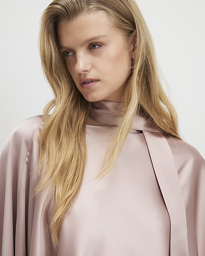 Pink Satin Fringed Scarf Cape