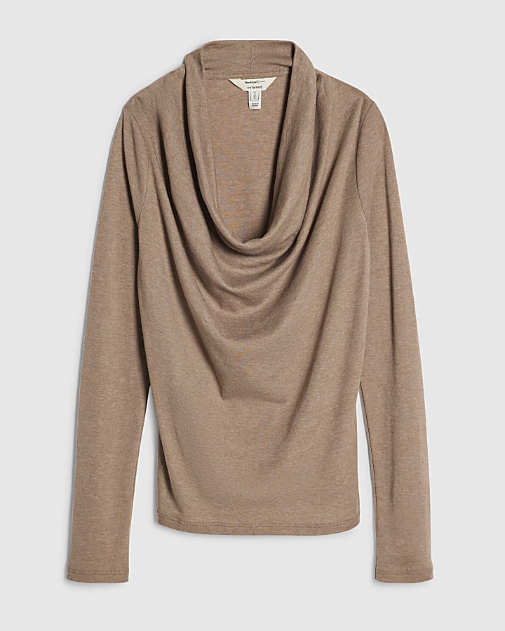 Brown Long Sleeve Cowl Neck Top