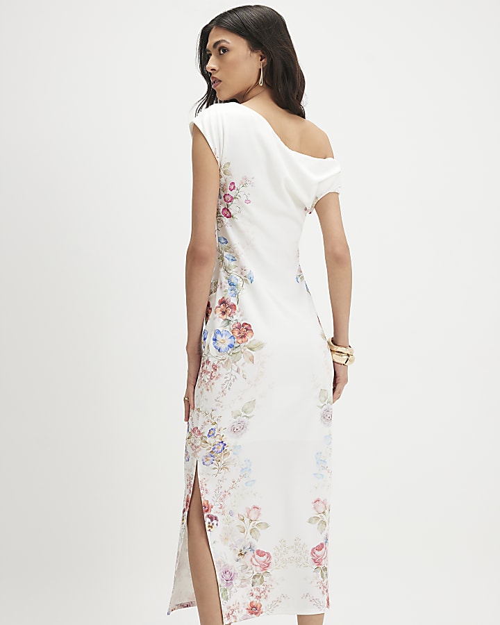 Cream Floral Print Drape Midi Dress