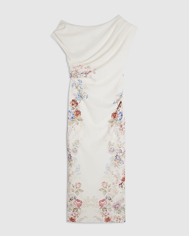 Cream Floral Print Drape Midi Dress