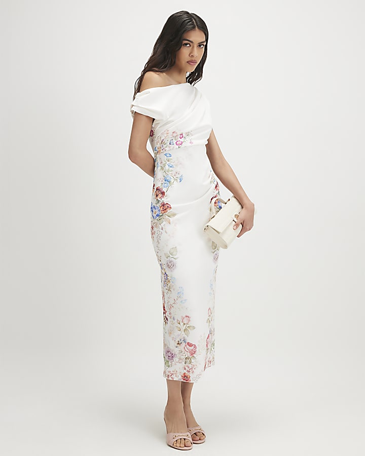 Cream Floral Print Drape Midi Dress