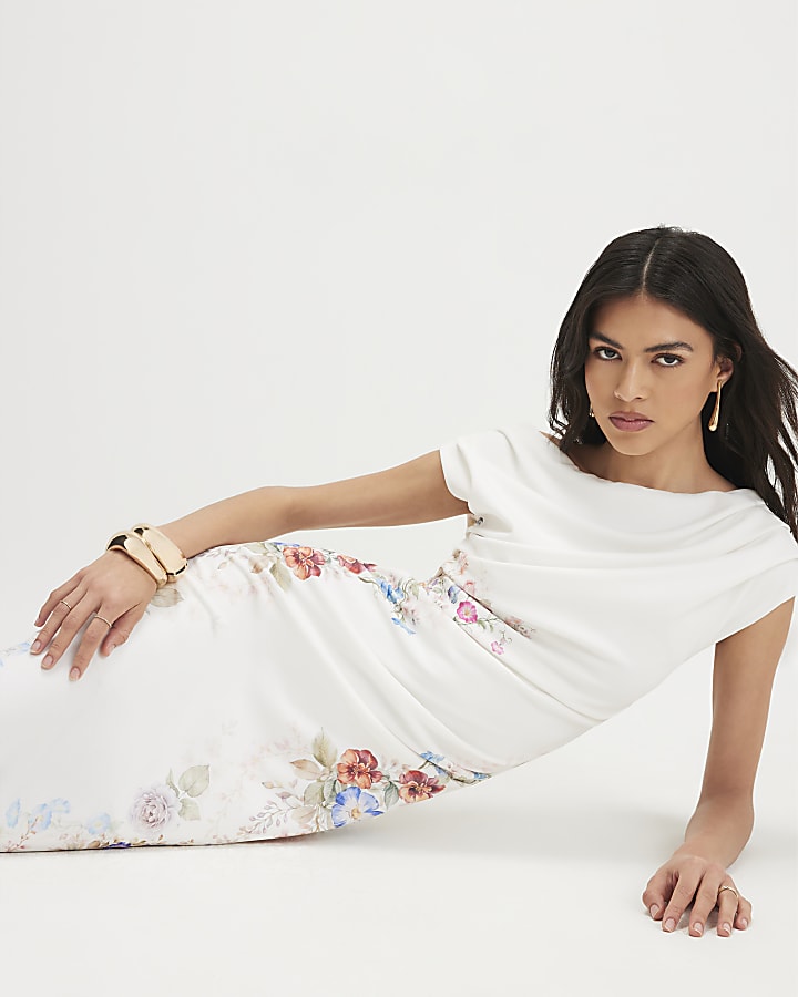 Cream Floral Print Drape Midi Dress