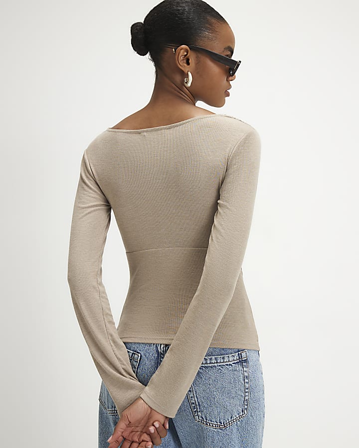 Beige Long Sleeve Wrap Top