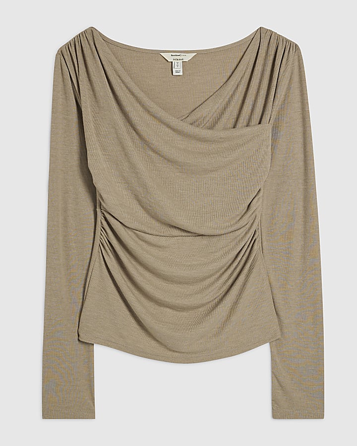 Beige Long Sleeve Wrap Top