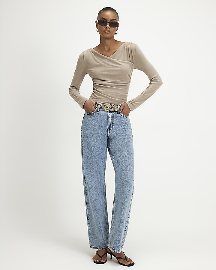 Beige Long Sleeve Wrap Top
