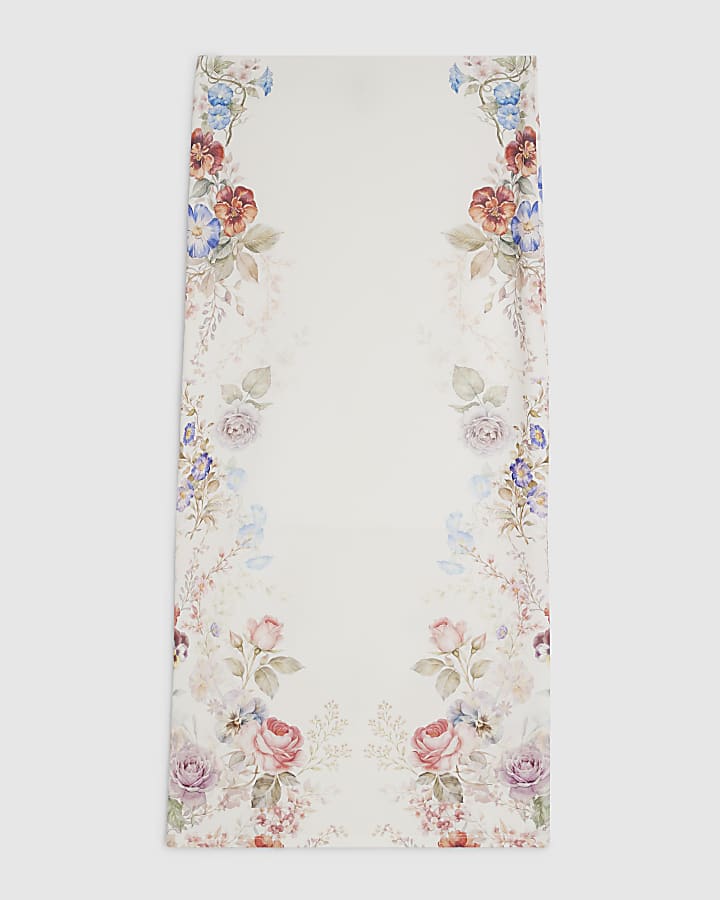 Cream Floral Print Midi Skirt