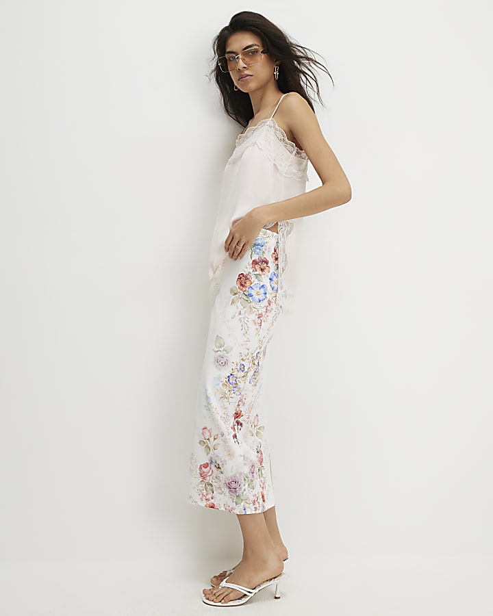 Cream Floral Print Midi Skirt