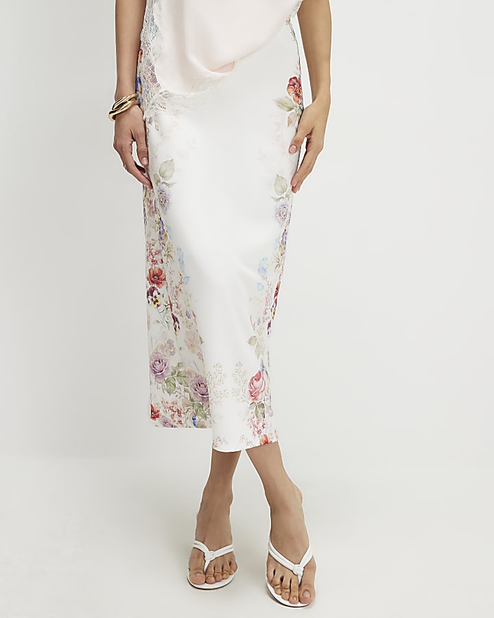 Cream Floral Print Midi Skirt