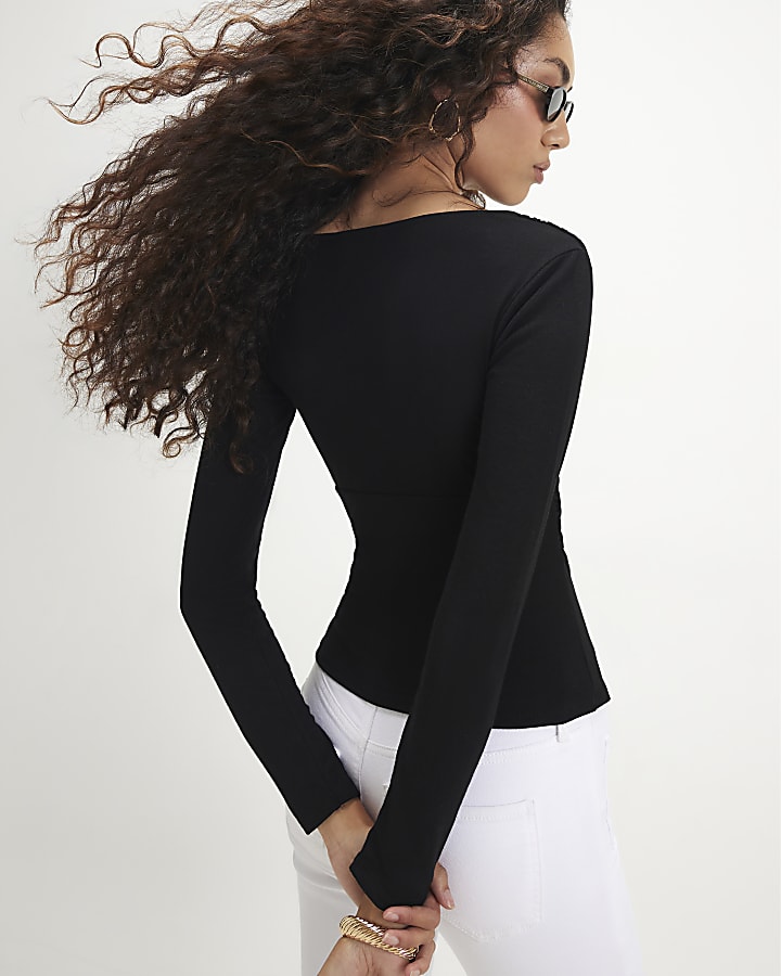 Black Long Sleeve Wrap Top