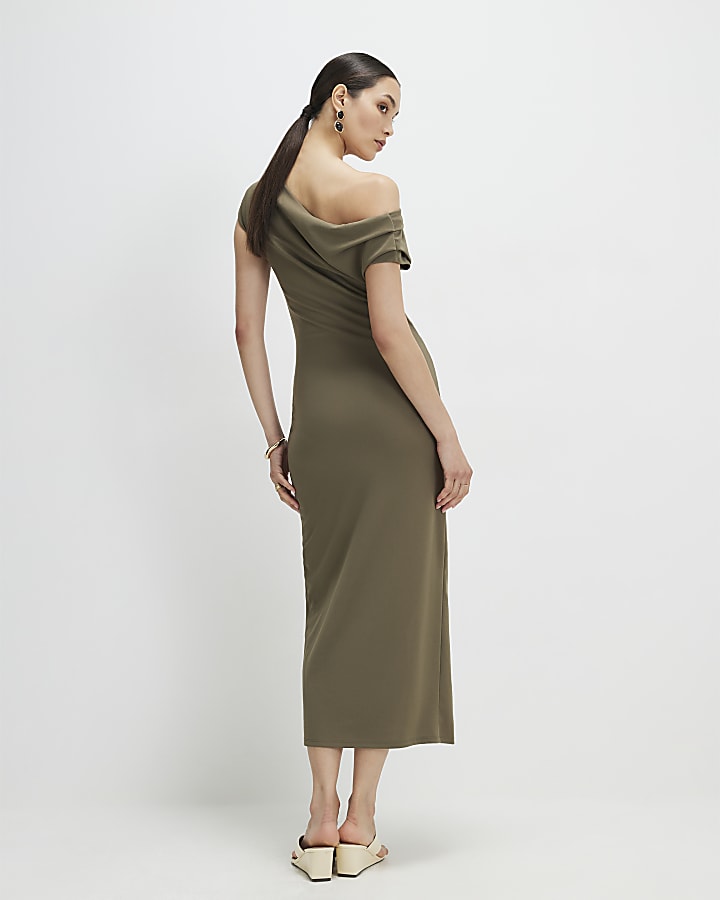 Khaki Drape Wrap Midi Dress