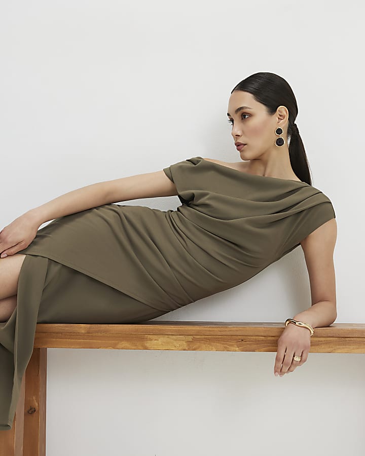 Khaki Drape Wrap Midi Dress