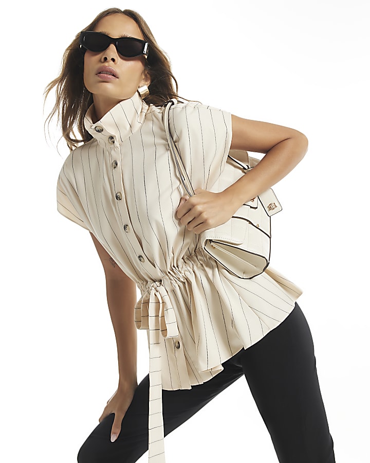Cream Stripe Belted Shirt