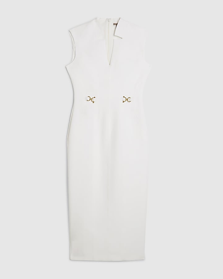 White Notch Neck Snaffle Midi Dress