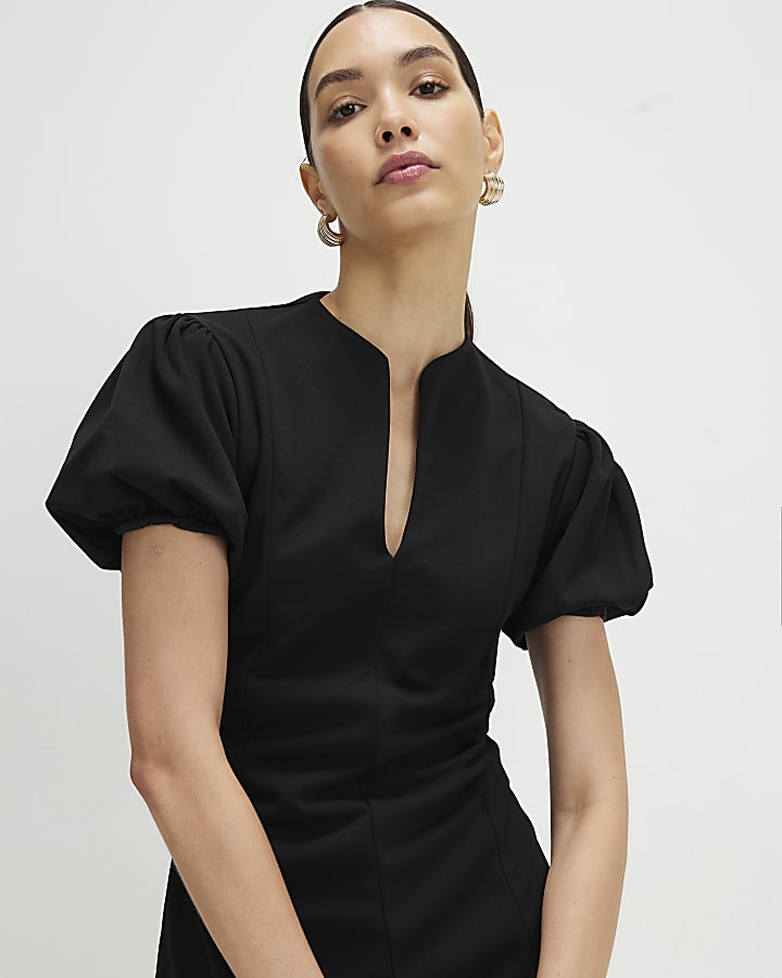 Black Puff Sleeve Mini Dress