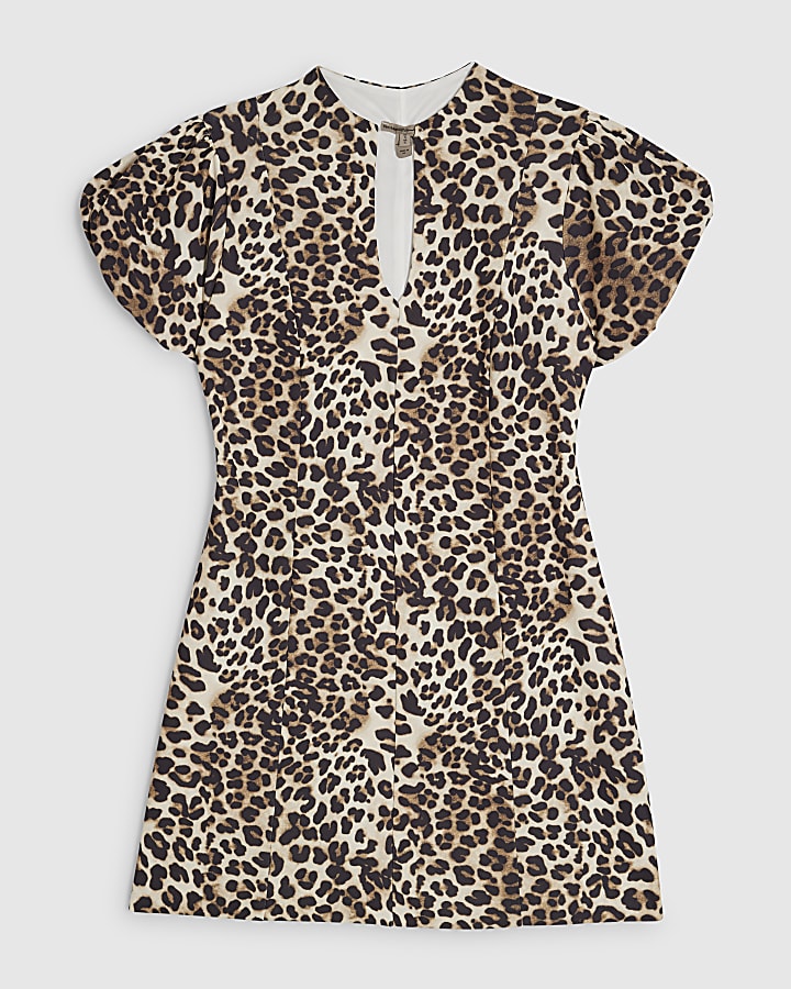 Brown Animal Print Puff Sleeve Mini Dress