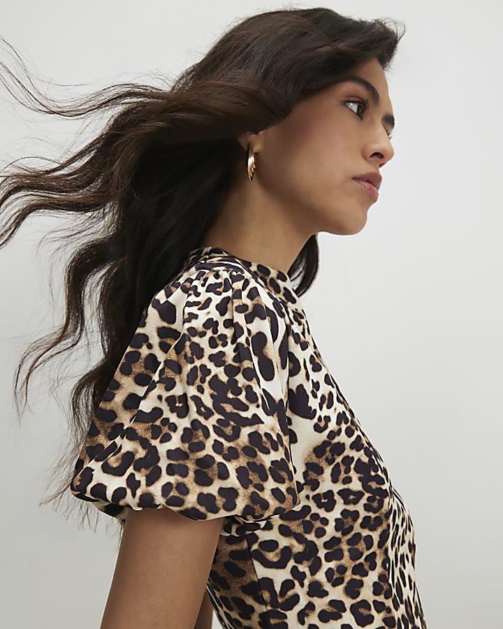 Brown Animal Print Puff Sleeve Mini Dress