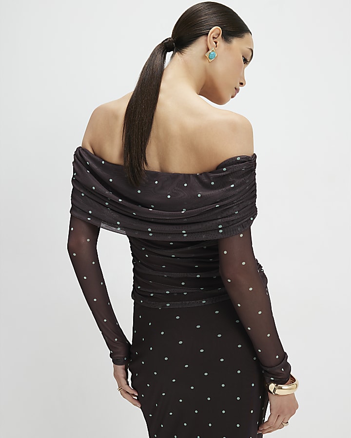 Brown Long Sleeve Spot Mesh Ruched Bardot Top