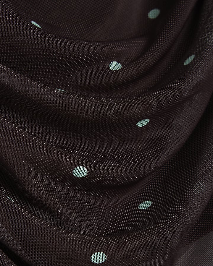 Brown Long Sleeve Spot Mesh Ruched Bardot Top
