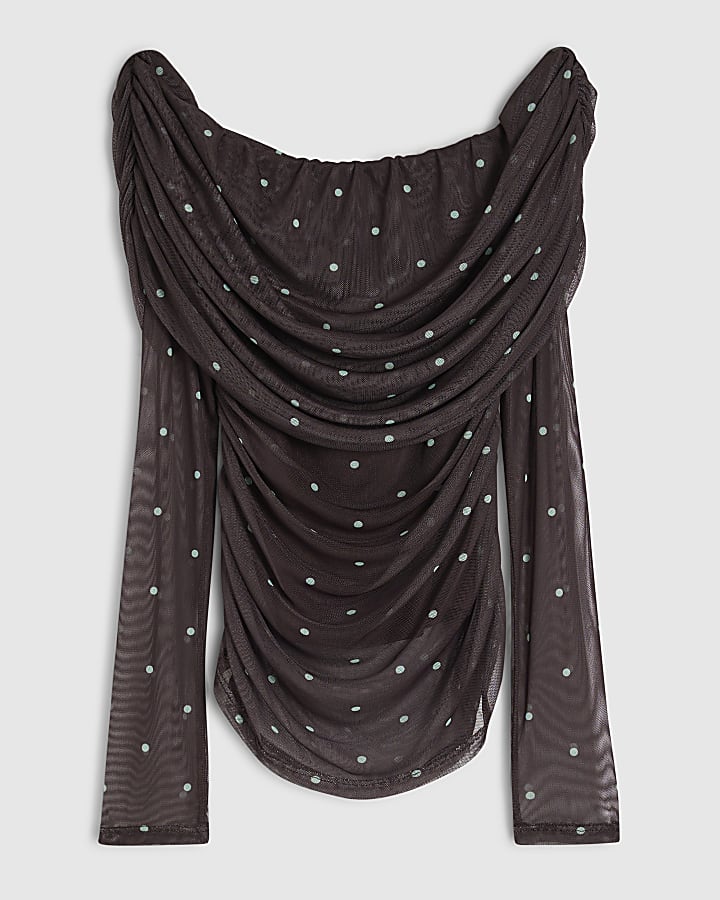 Brown Long Sleeve Spot Mesh Ruched Bardot Top