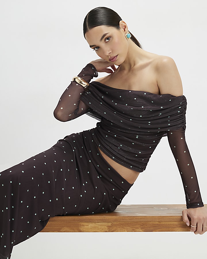Brown Long Sleeve Spot Mesh Ruched Bardot Top