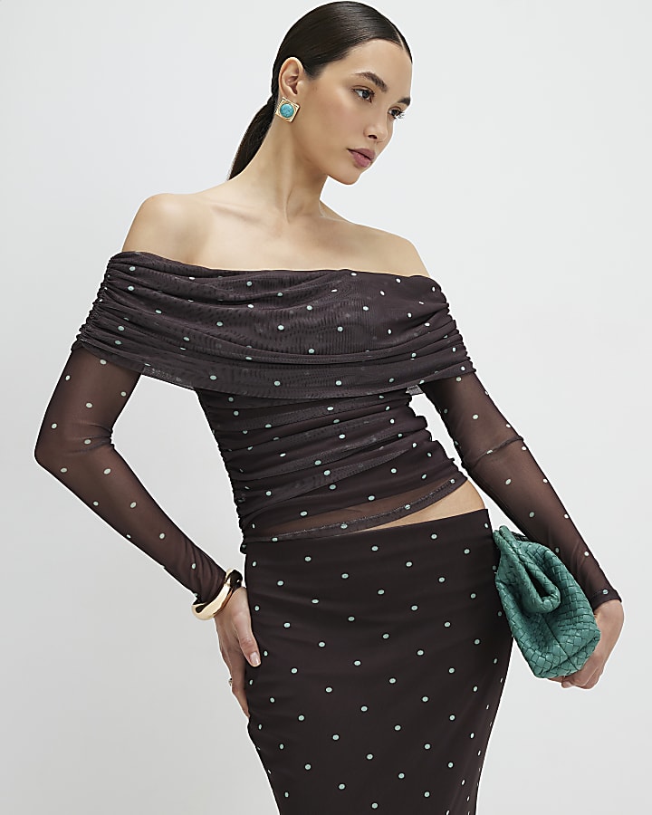 Brown Long Sleeve Spot Mesh Ruched Bardot Top