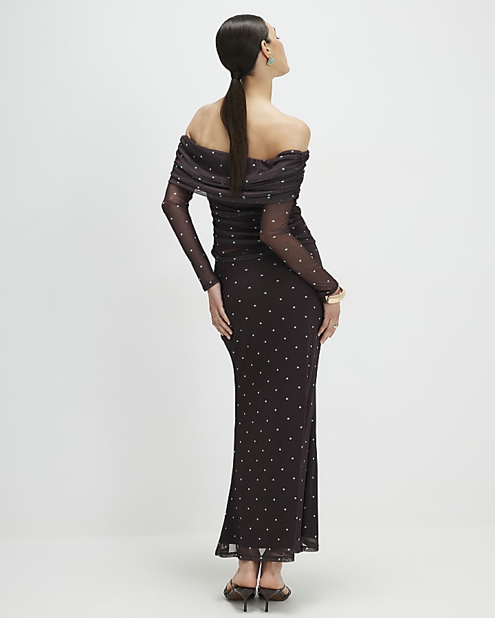 Brown Spot Mesh Maxi Skirt