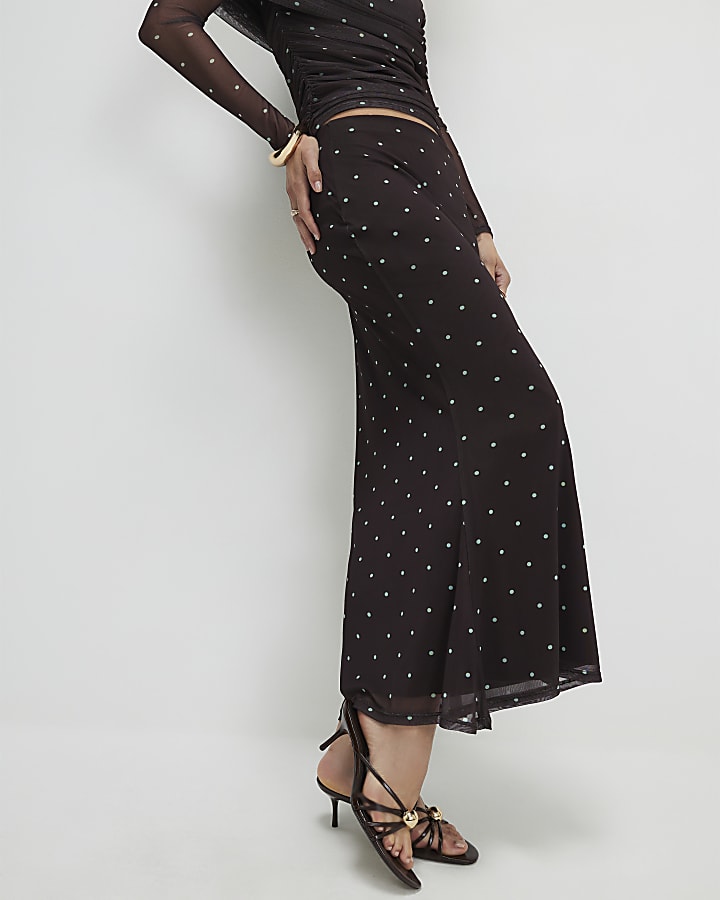 Brown Spot Mesh Maxi Skirt
