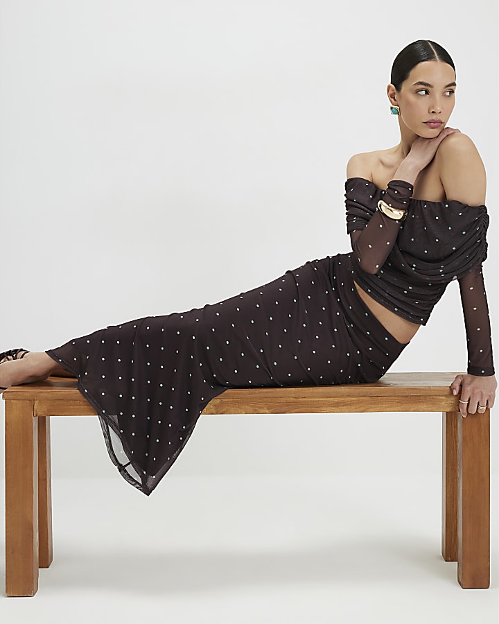 Brown Spot Mesh Maxi Skirt