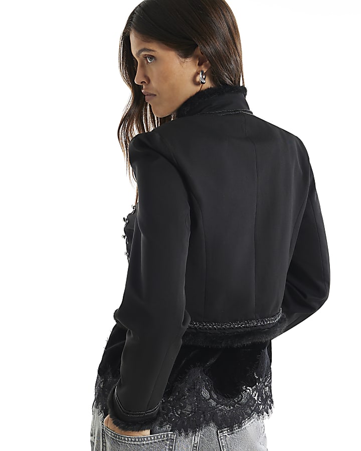 Black Faux Fur Trim Military Jacket
