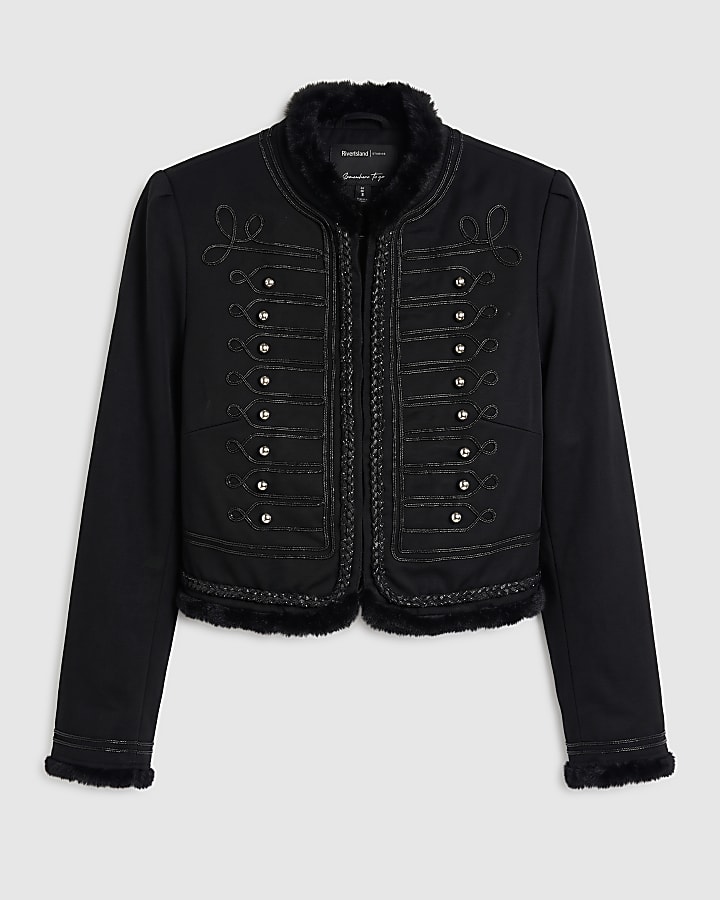 Black Faux Fur Trim Military Jacket
