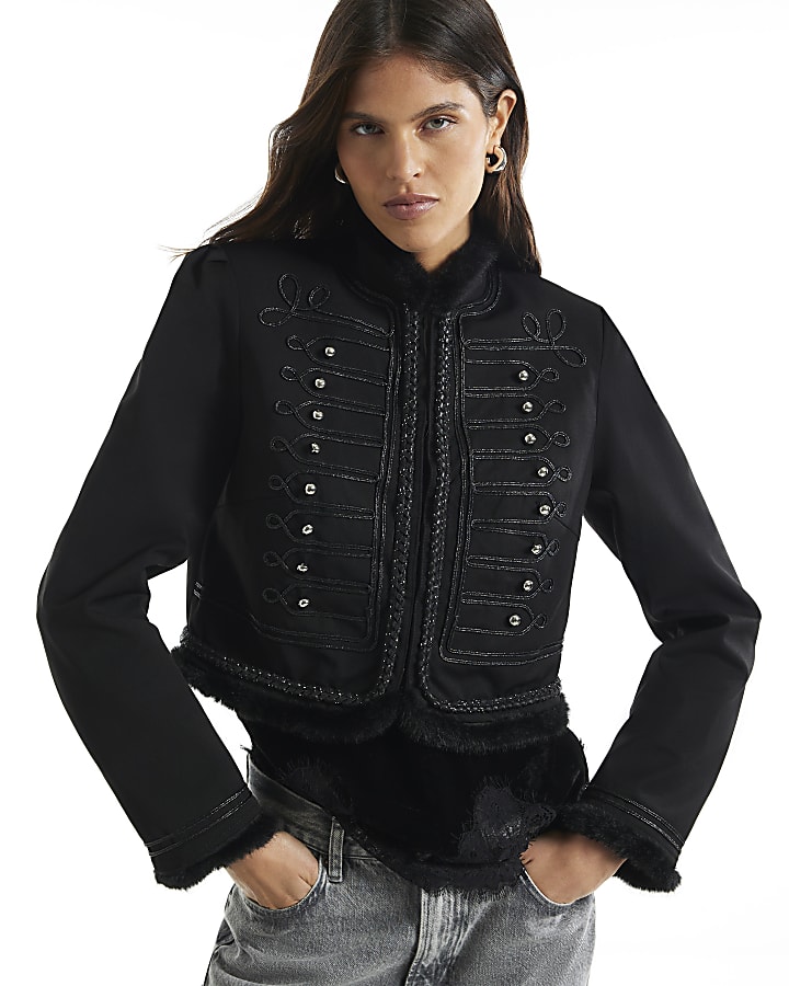 Black Faux Fur Trim Military Jacket