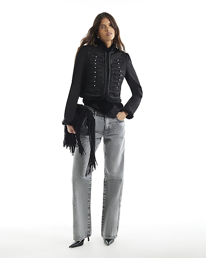 Black Faux Fur Trim Military Jacket