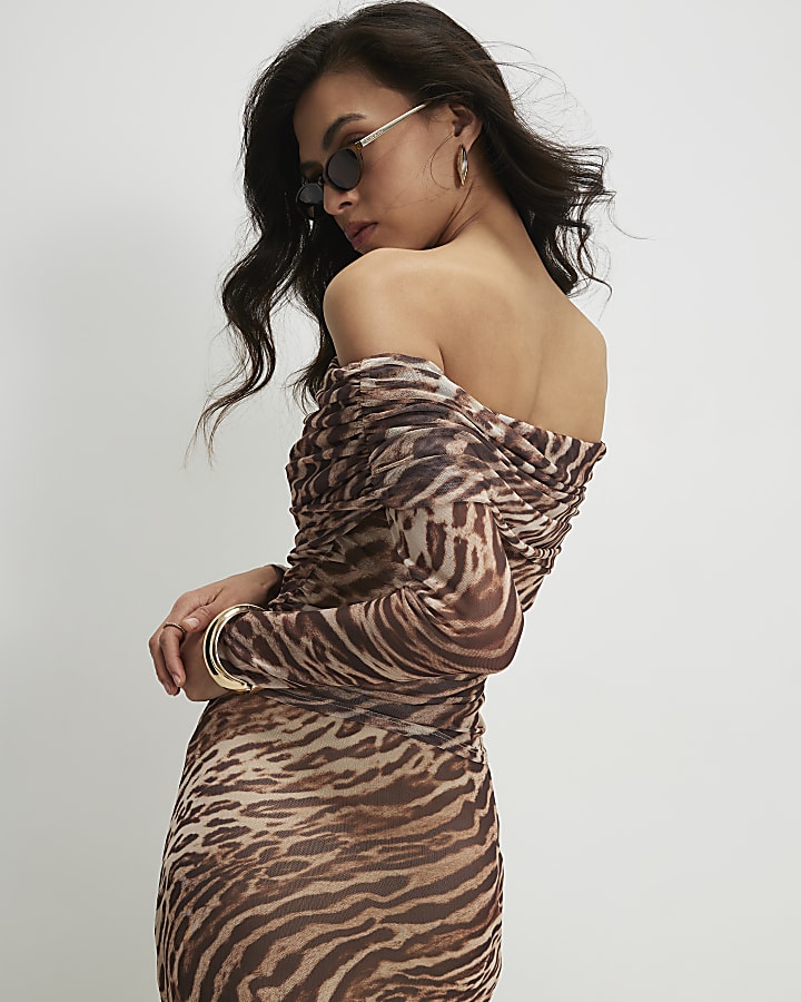 Beige Animal Print Mesh Ruched Bardot Top