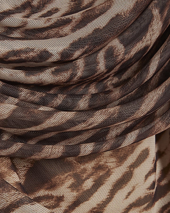 Beige Animal Print Mesh Ruched Bardot Top