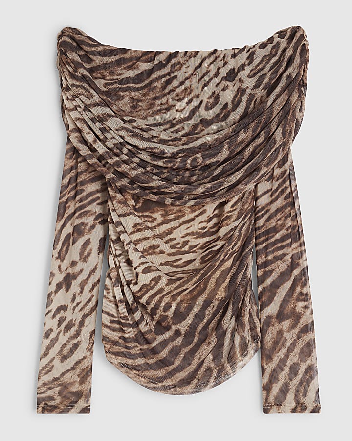Beige Animal Print Mesh Ruched Bardot Top