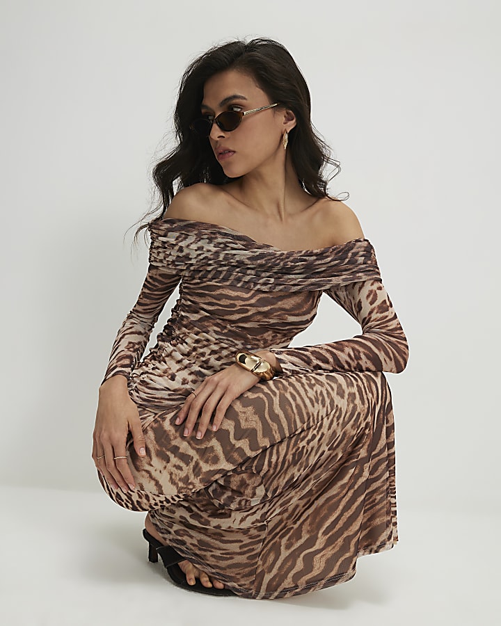 Beige Animal Print Mesh Ruched Bardot Top