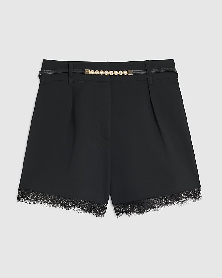 Black Belted Lace Trim Shorts