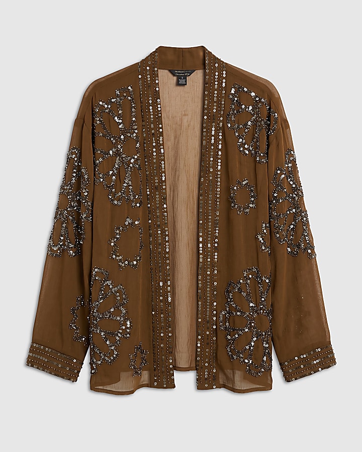 Khaki Embellished Kimono