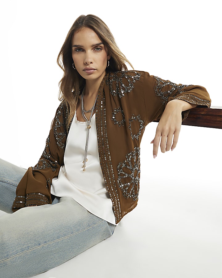Khaki Embellished Kimono