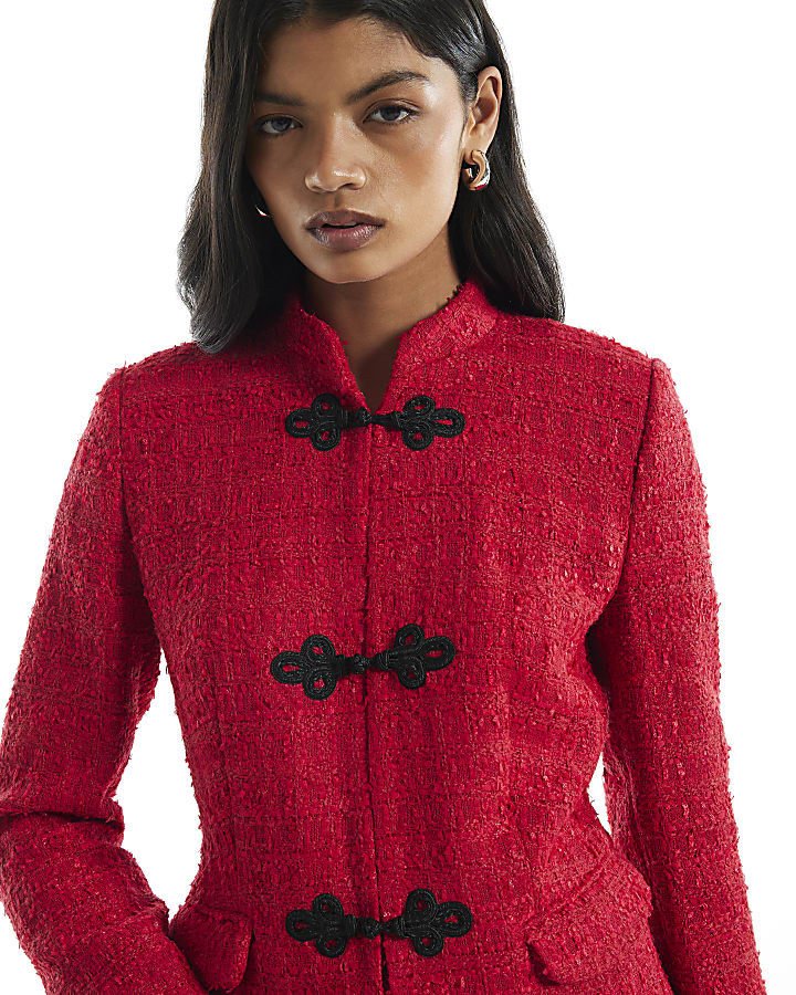 Red Boucle Frog Button Jacket