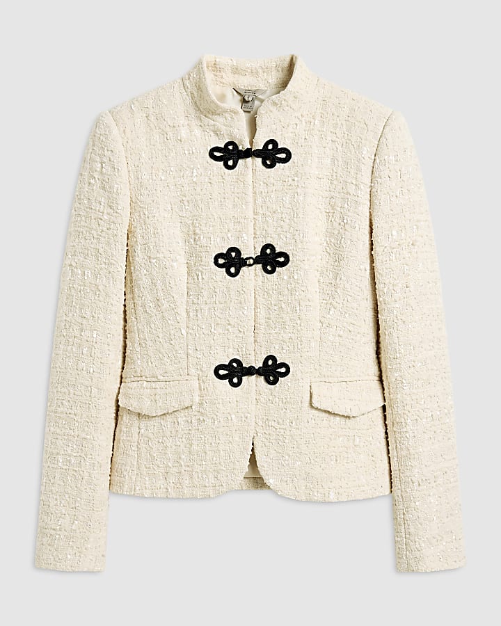 Cream Boucle Frog Button Fastening Jacket