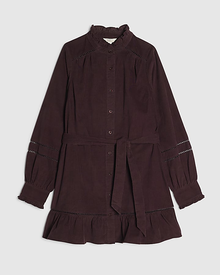 Purple Corduroy Lace Trim Shirt Dress