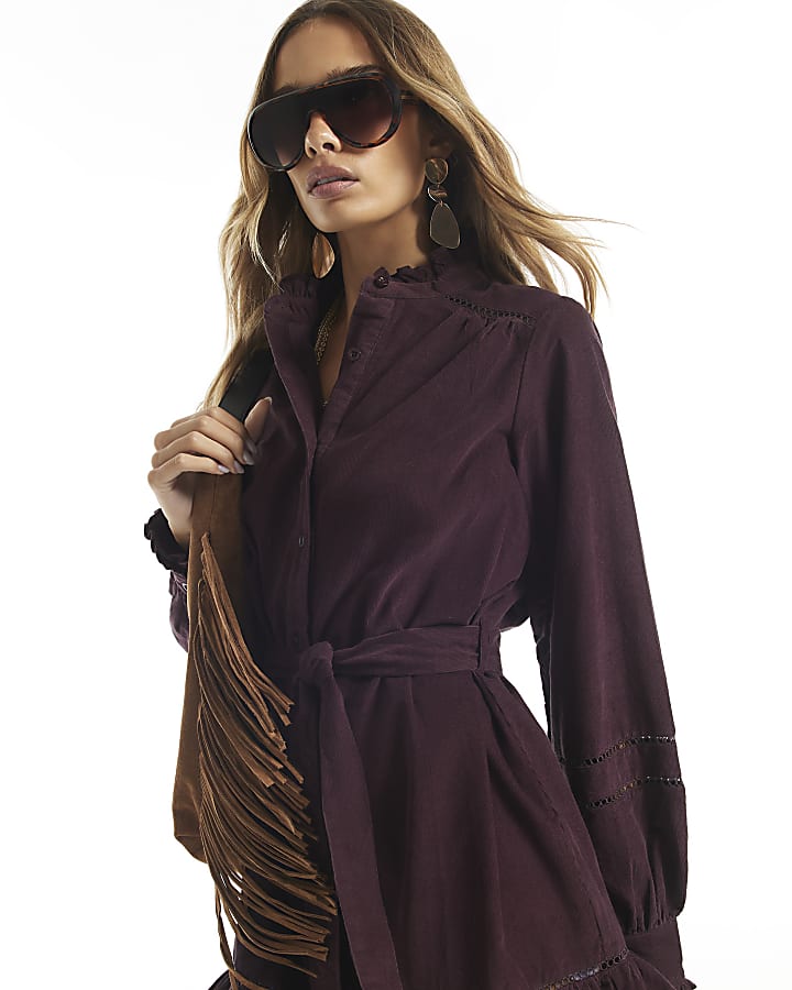 Purple Corduroy Lace Trim Shirt Dress
