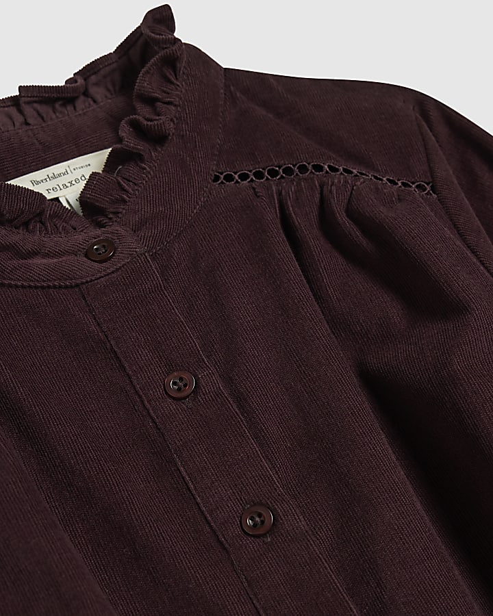 Brown Corduroy Lace Trim Blouse