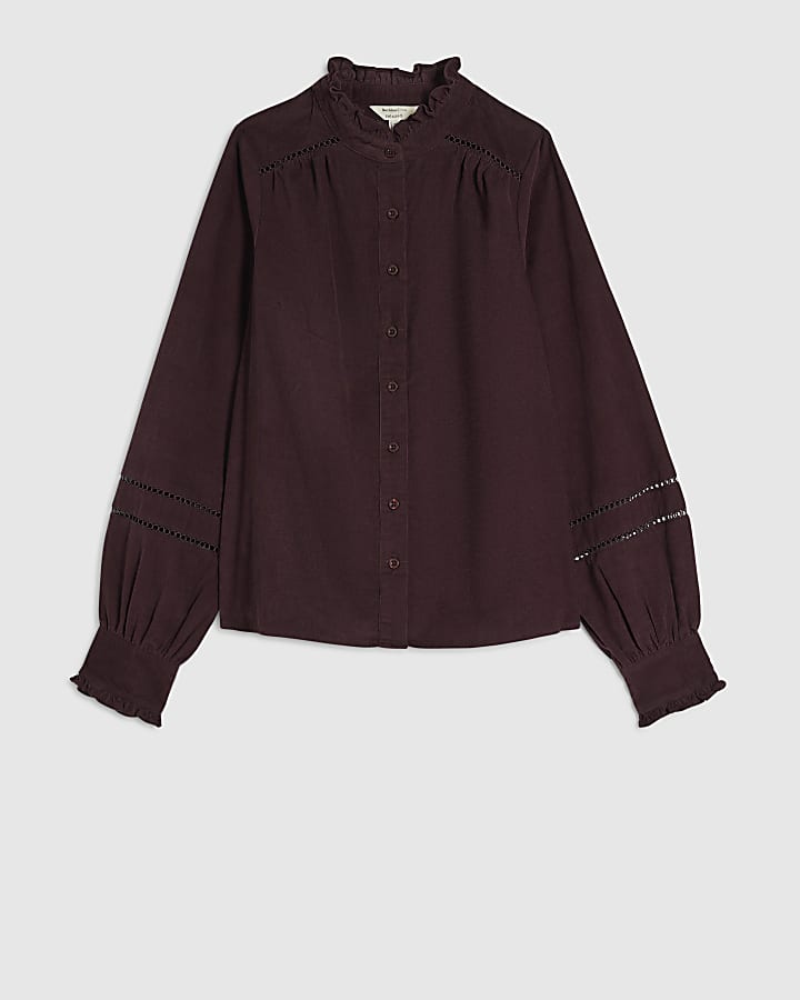 Brown Corduroy Lace Trim Blouse