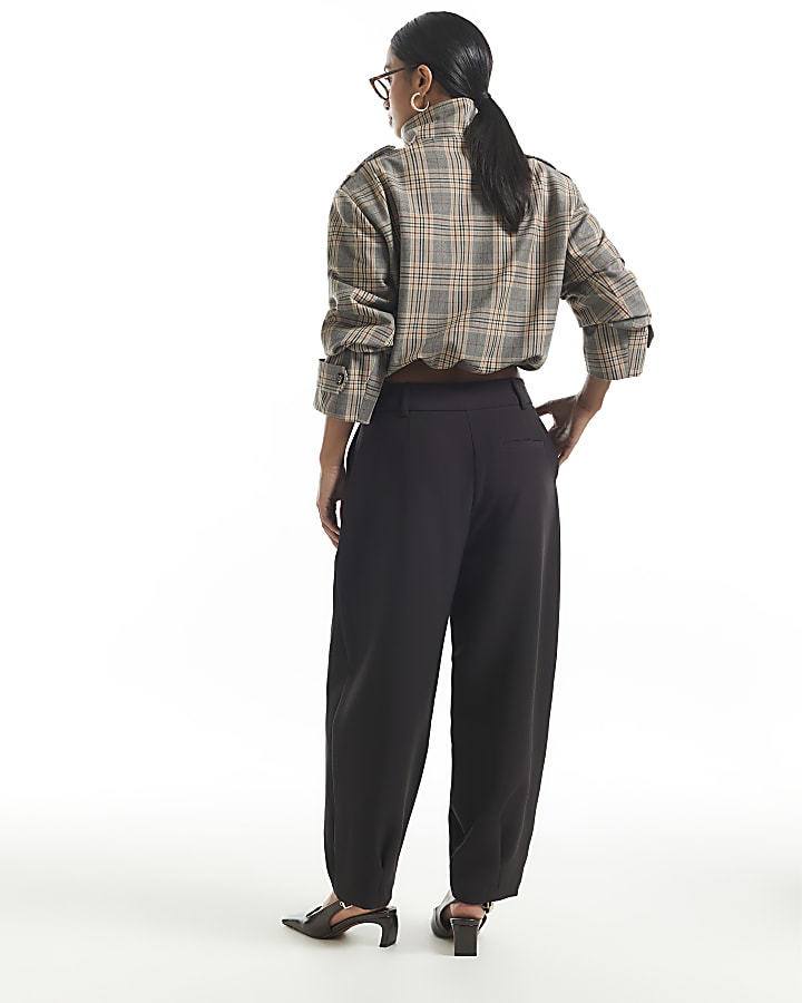Petite Brown Pleated Barrel Leg Trousers
