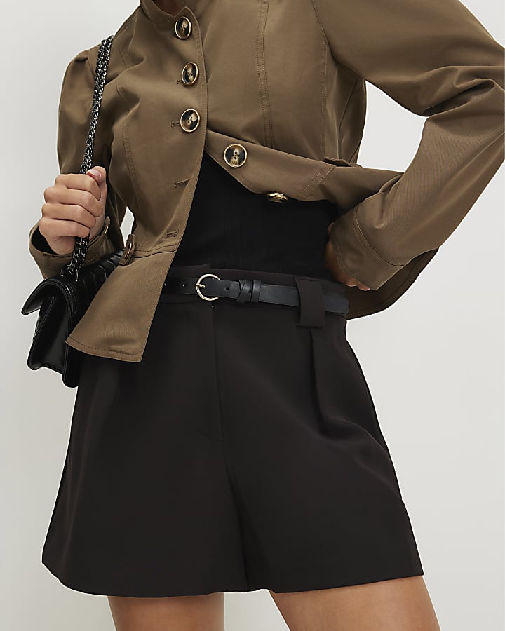 Petite Brown Smart Belted Structured Shorts