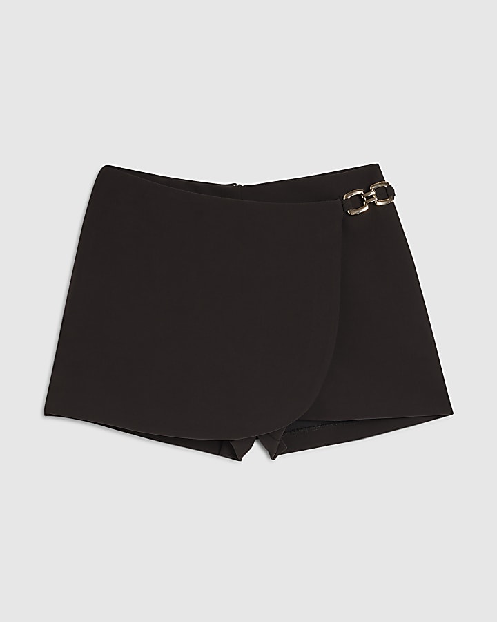 Petite Brown Buckle Wrap Skort